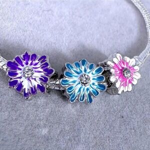 3Pcs Flower Charm‎ Pink Purple Blue Enamel Bead Charm fits PANDORA
